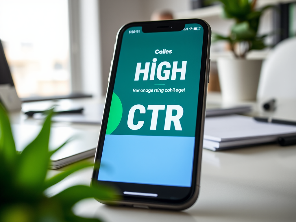 На экране телефона надписи "HIGH CTR" и "Renonage ring cahili eget" на фоне рабочего стола и зелёных растений.