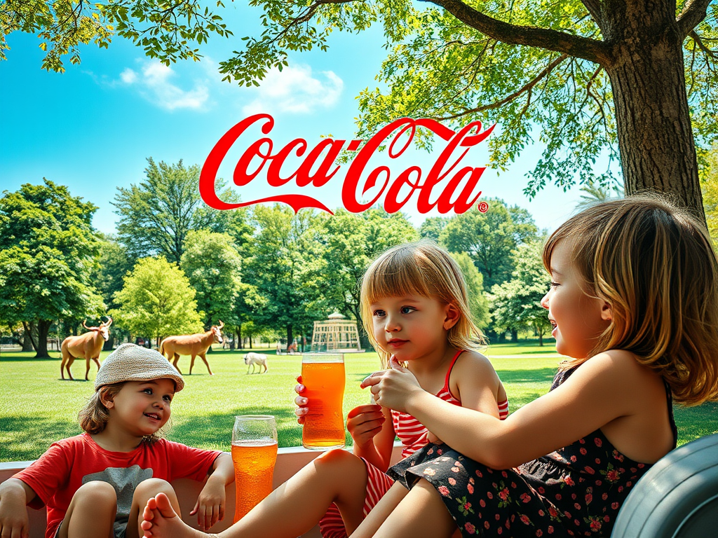 На картинке трое детей наслаждаются напитком Coca-Cola на солнечном дне в парке с зелеными деревьями.
