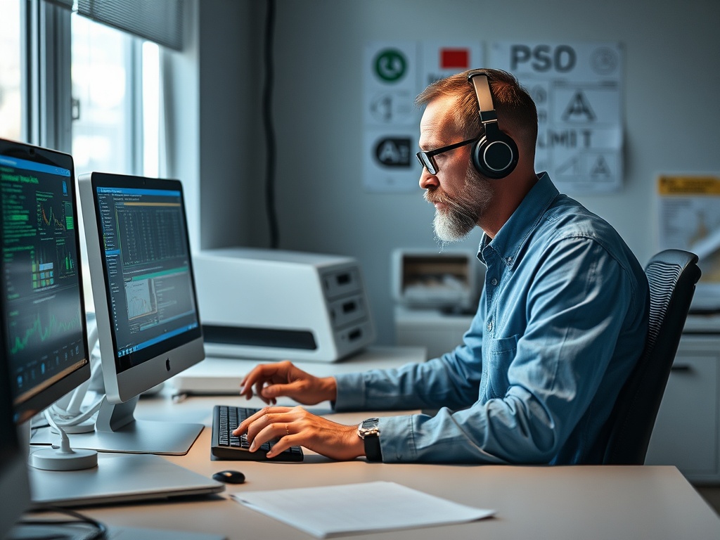 Мужчина в наушниках работает за компьютером с графиками и данными в офисе.