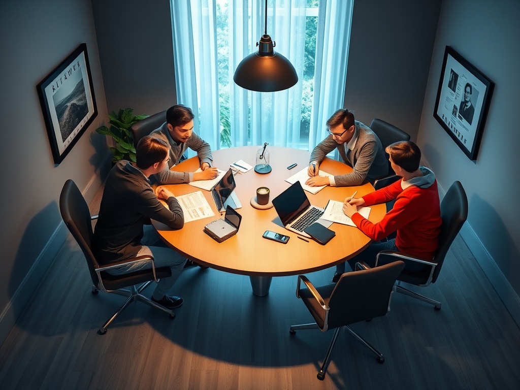 Четыре человека обсуждают проект за круглым столом в офисе с ярким освещением и зелеными растениями.
