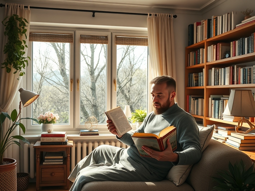 Мужчина читает книги на диване в уютной комнате с окнами на природу и библиотекой на стене.