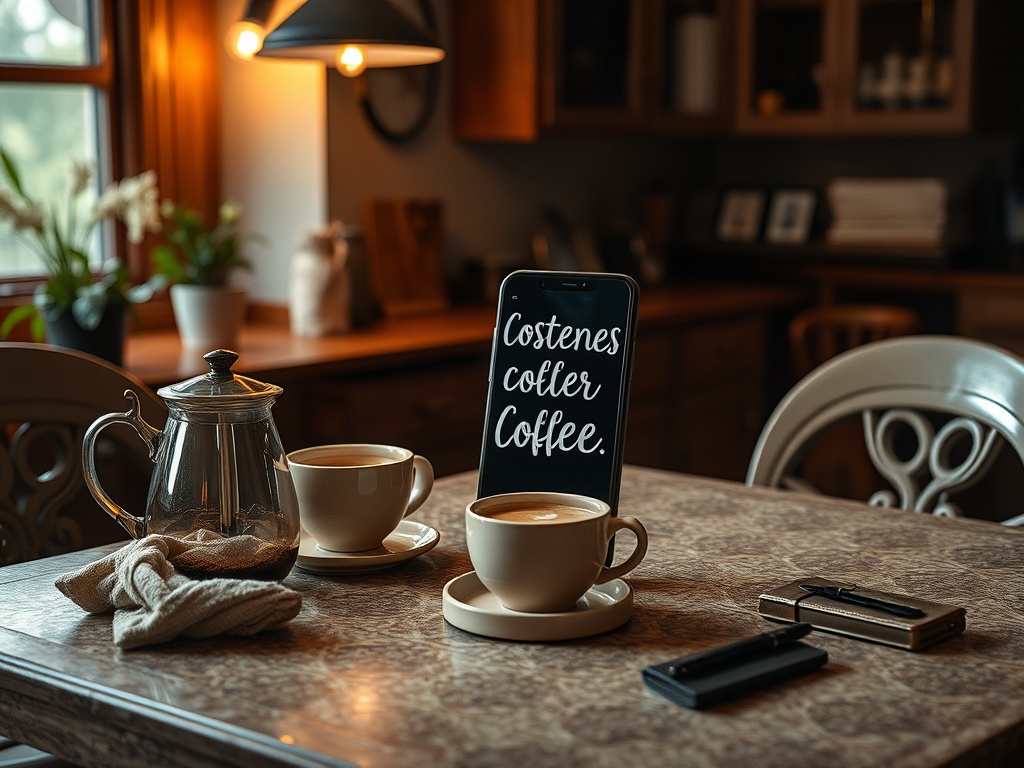 На столе два кофе, заварник и телефон с надписью "Costenes coffee". Уютная кухня в фоновом режиме.