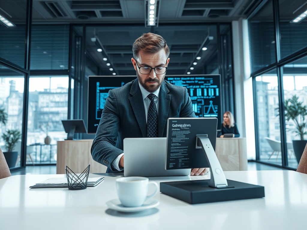 Мужчина в костюме работает за компьютером в современном офисе с графиками на экране. Неподалёку женщина.