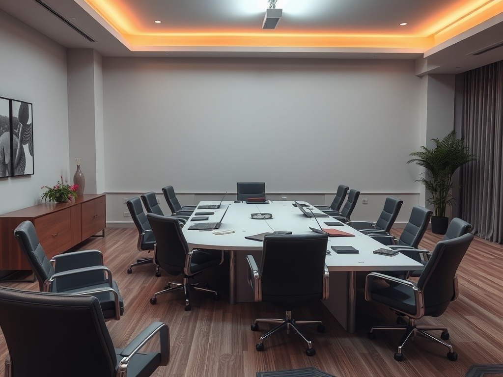 Современный переговорный зал с круглым столом и креслами. Светлый интерьер с растительностью.